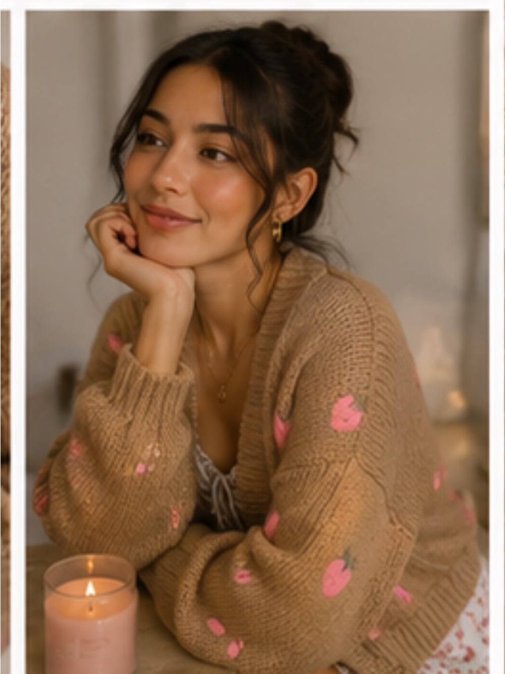 Forever 21 Chunky Tan Cardigan Sweater with Cute Pink Strawberry Embroidery 🍓 - Picture 2 of 14